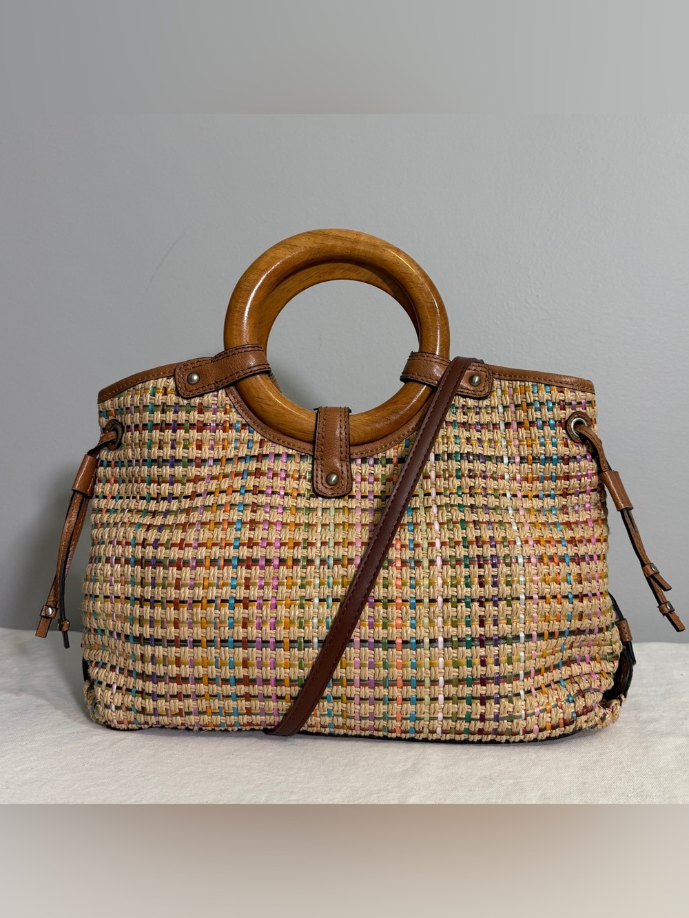 Vintage Fossil Woven Multicolor Straw Satchel Crossbody Bag w/ Replacement Strap